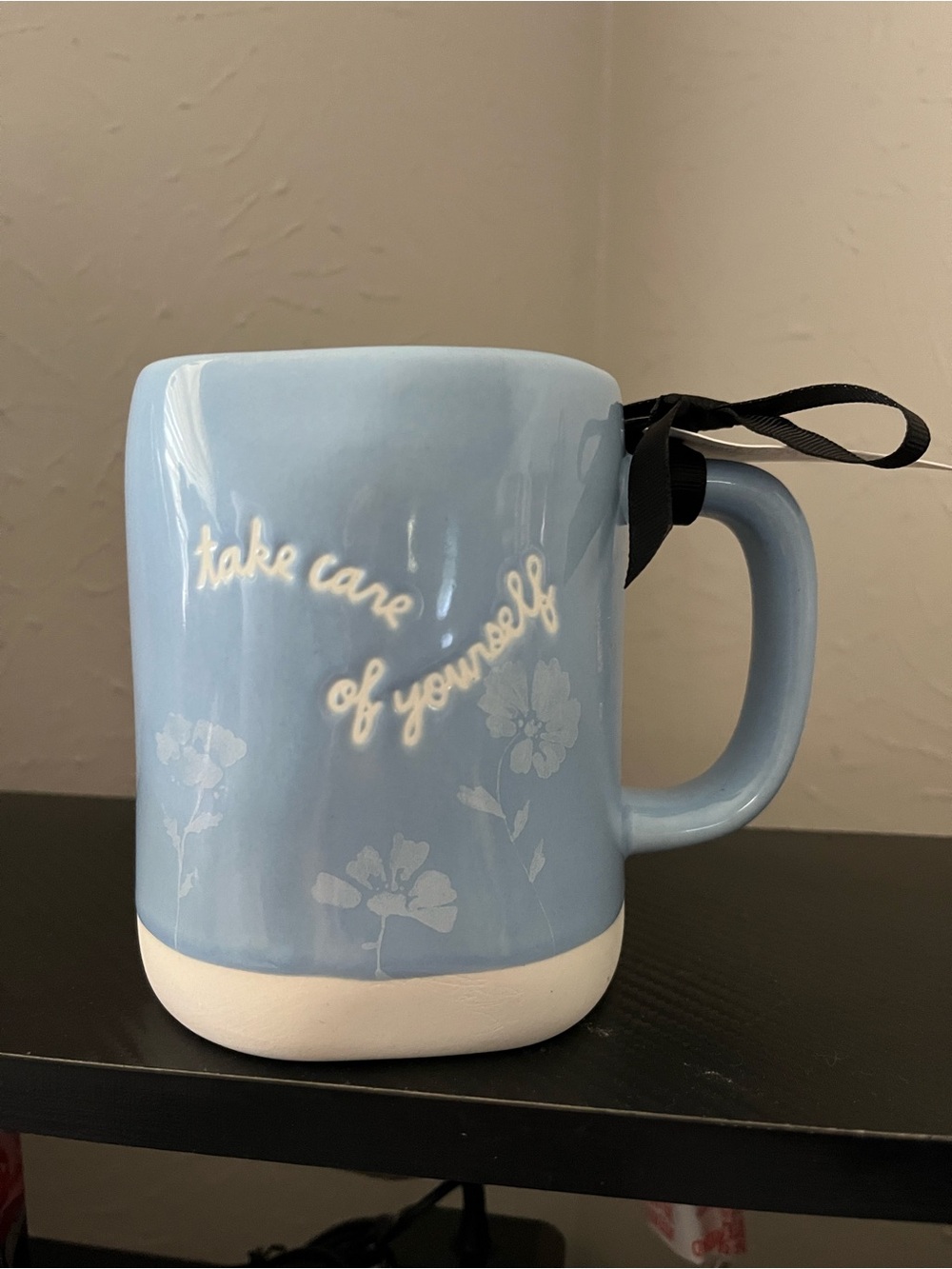Rae Dunn Blue Ceramic Mug with White Script & Floral Accents